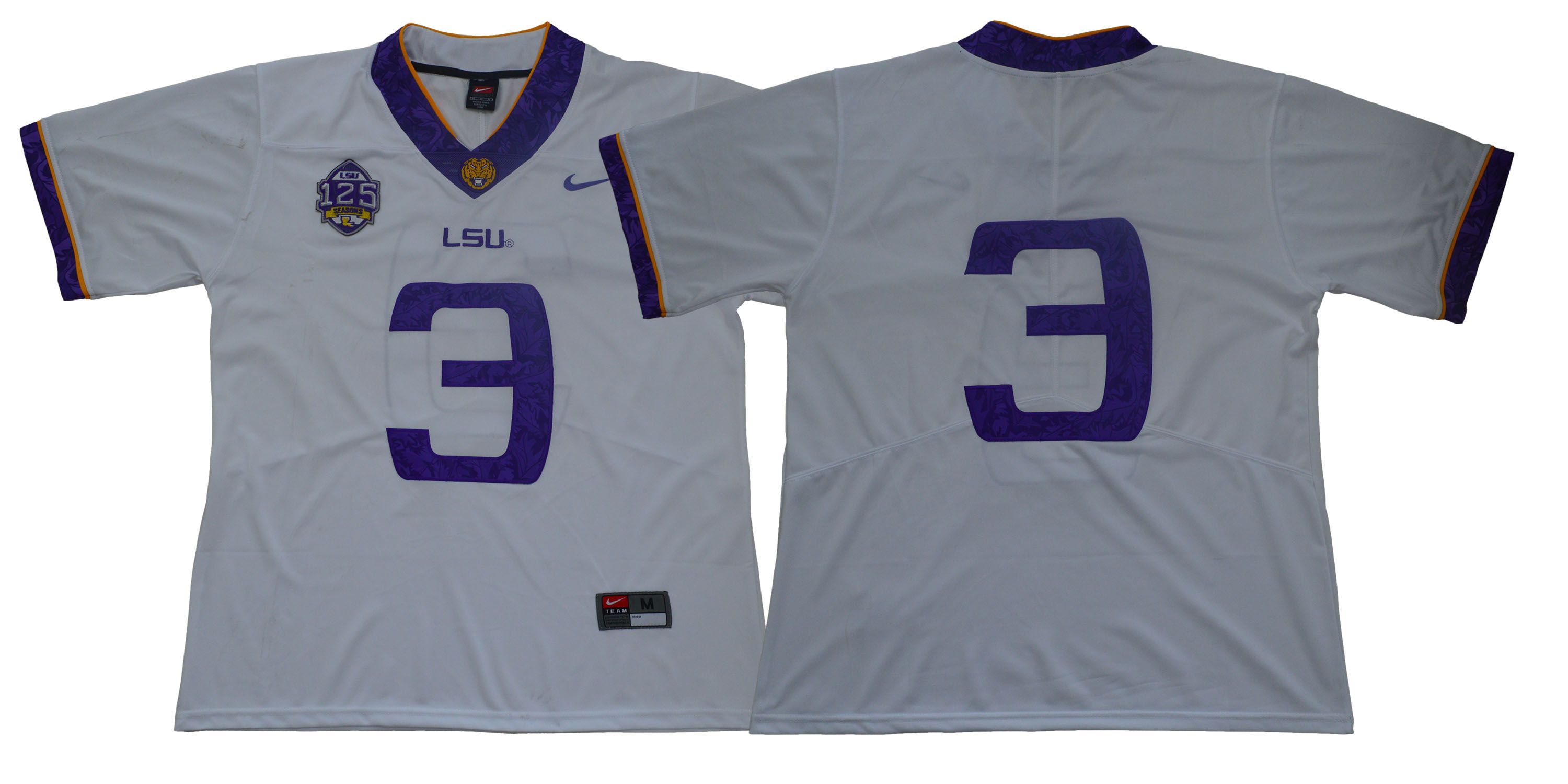 Men LSU Tigers 3 No name White Stitched NCAA Jersey